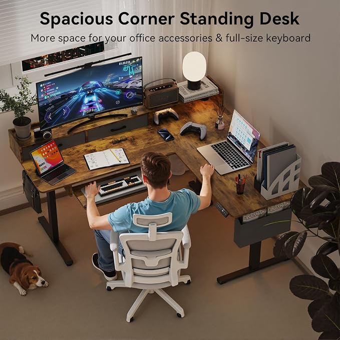 WALKINGDESK 63 Inches L Shaped Standing Desk with Keyboard Tray and 2 Drawers, L Shaped Electric Standing Desk, Adjustable L Shaped Office Desk,Corner Standing Desk for Home Office, Rustic Brown