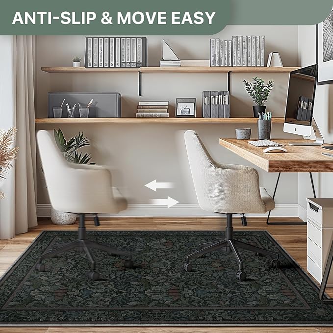 36"x60" Office Chair Mat for Hardwood Tile Floor, Under Desk Carpet Protector for Rolling Computer Chair Mat, Machine Washable Area Rug, Anti-Slip 1/5" Thick Low Pile Thin Vinyl Floor Mat, Dark Green