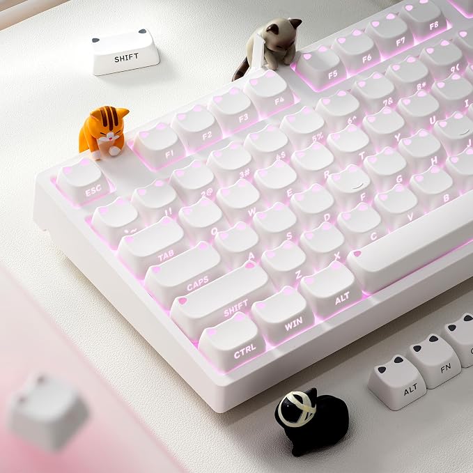 OHY XVX Lumicat Mao Profile Side-Printed Shine-Through PBT Keycaps, 113 Keys Double-Shot Dye-Sublimation Creamy White Keycap Set, Compatible with MX Switches Mechanical Keyboard