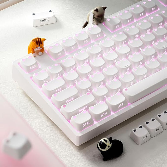 OHY XVX Lumicat Mao Profile Side-Printed Shine-Through PBT Keycaps, 113 Keys Double-Shot Dye-Sublimation Creamy White Keycap Set, Compatible with MX Switches Mechanical Keyboard