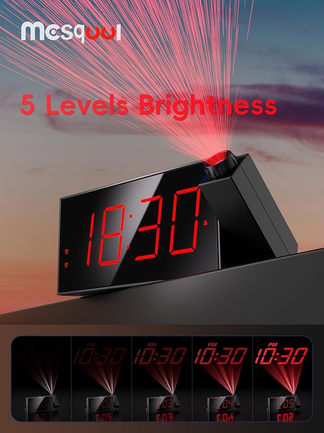 Mesqool Digital Projection Alarm Clock with Dual Alarms, 5 Levels Dimmer | 180° Rotatable Projector,12/24H & DST, Large LED, Snooze, with Battery Backup, Loud Alarm Perfect for Heavy Sleepers
