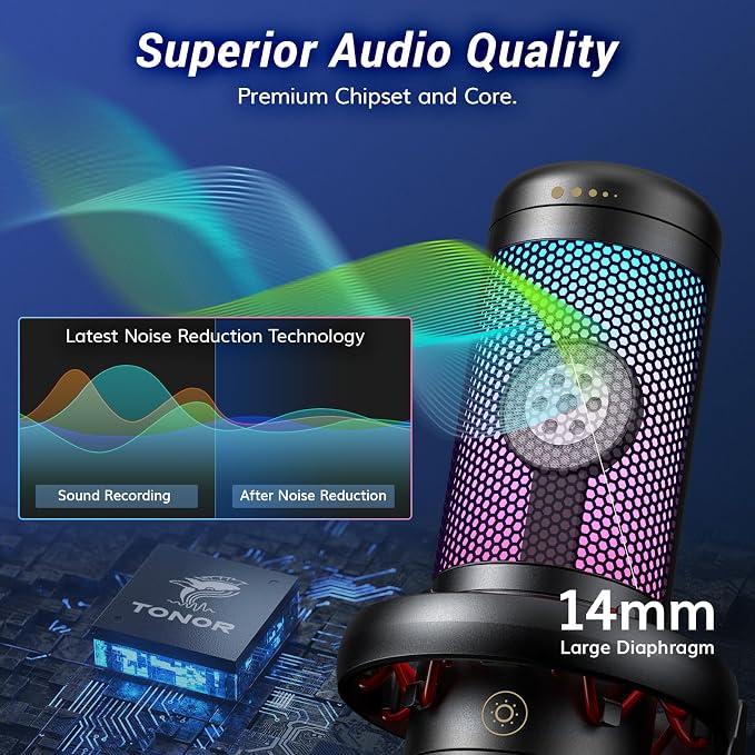 TONOR Gaming Microphone Set with Boom Arm, Vocal Condenser Microphone for PC with Stand, USB Mic with controllable RGB Light, One Tap Mute, Volume Control, for Discord, Twitch Streaming, TC310+