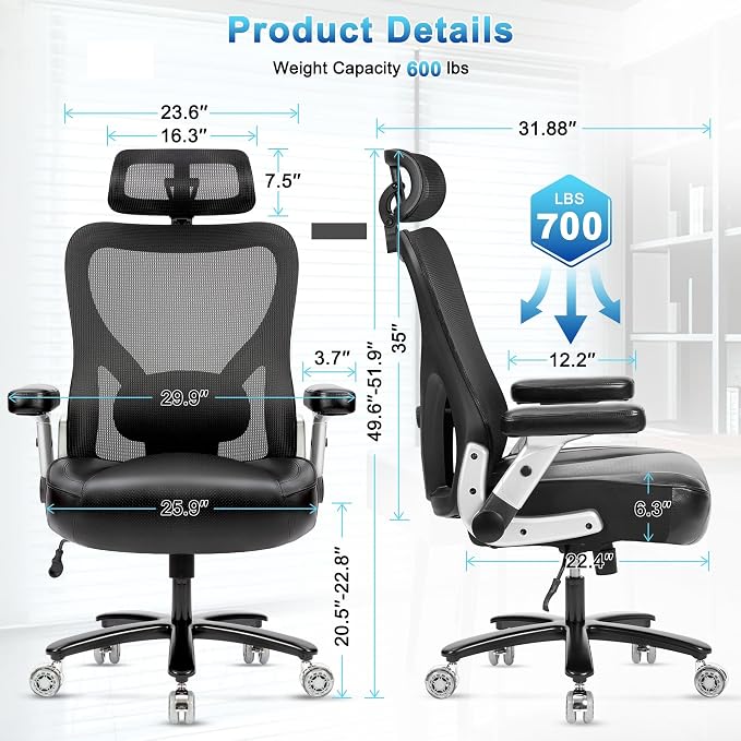 Super Big and Tall Office Chair 700lbs- Heavy Duty Executive Computer Chair with Rubber Wheels 3D Flip Arms, Ergonomic Mesh High Back Desk Chair, Wide Seat Adjustable Lumbar Support & Headrest