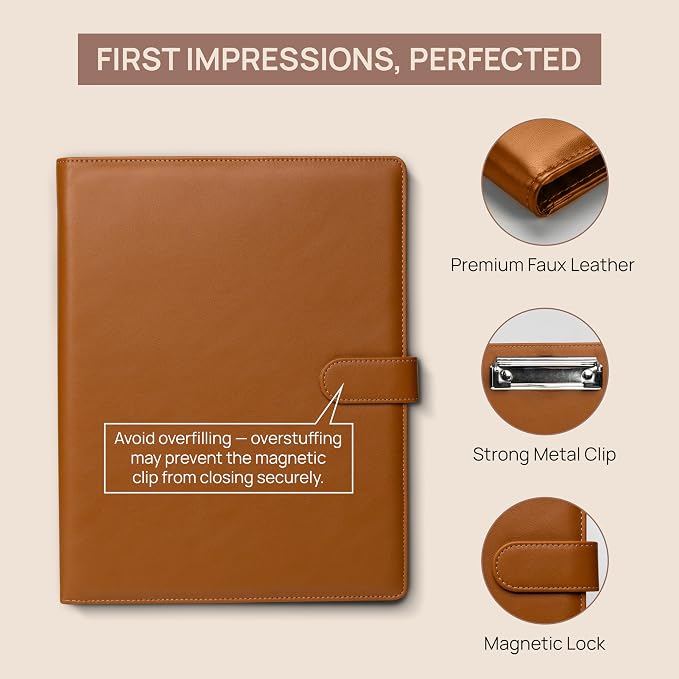 Professional Padfolio with Notepad Included | Faux Leather Portfolio Folder with Clipboard, Resume Folder, Legal Pad Holder, Business Card Holder | A4 Letter Size | Brown