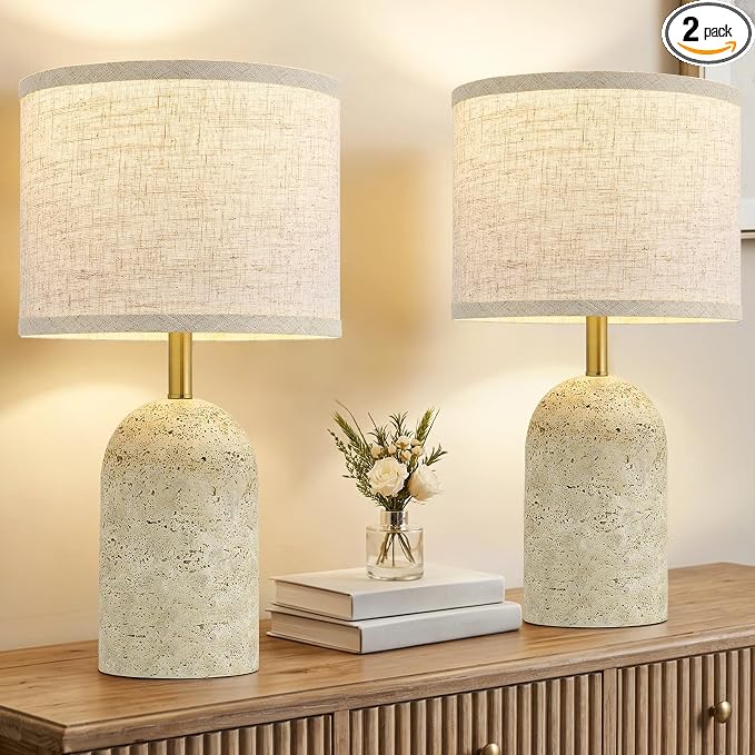 GyroVu Table Lamps Set of 2, Stone-Like Resin Bedside Lamps for Living Room Bedroom, 18" Modern End Table Desk Lamp for Nightstand, Entryway, Home Office