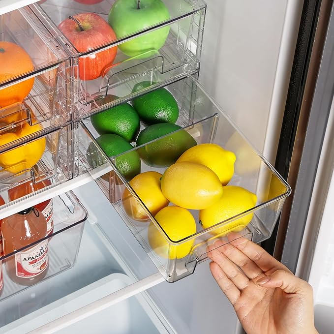 Vtopmart 4 Pack Stackable Storage Drawers,Clear Acrylic Drawer Organizers with Handles, Easily Assemble for Fridge, Bathroom,Kitchen Undersink,Cabinet,Pantry Organization and Storage | Clear Drawer Organizers with Removable Dividers for Flexible storag...