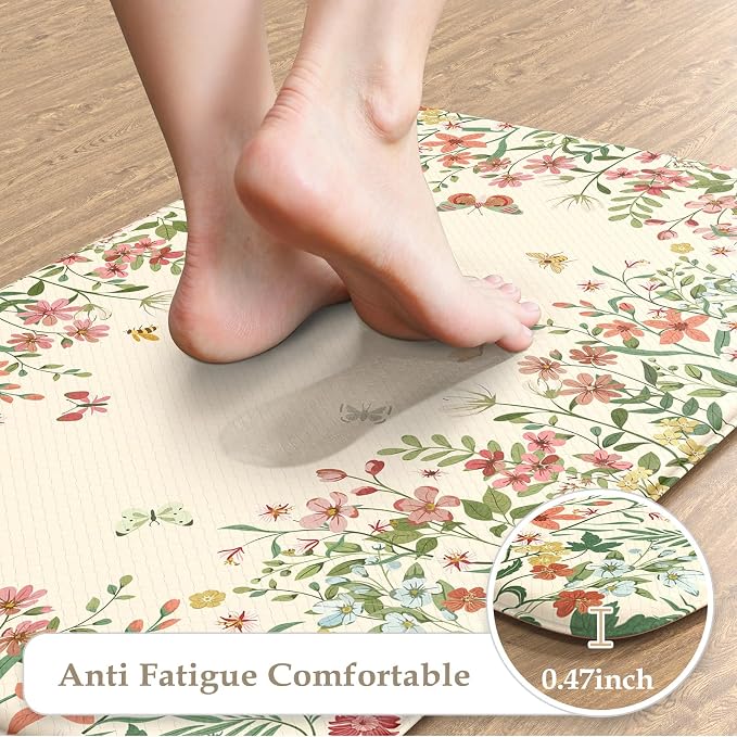 KIMODE Anti Fatigue Kitchen Mats for Floor 2 Piece, Cushioned Floral Kitchen Rugs, Memory Foam Kitchen Floor Mats, Summer Standing Desk Mats for Laundry Office Sink Beige 17"x47"+17"x29"