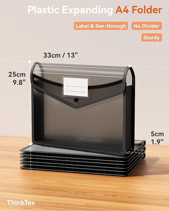 ThinkTex Plastic Expanding File Folder, Transparent envelopes with Snap Closure,No Dividers,Large Capacity,Document Organizer for Receipts, Bills&Taxes,Letter/A4 Size for School/Office/Home-20 Pack