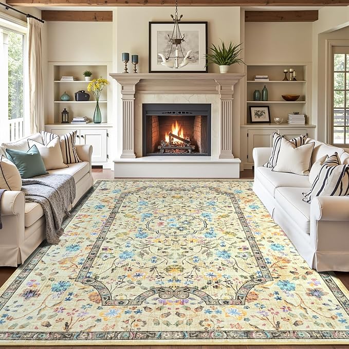 Vasofe 3x5 Area Rug for Bedroom, Washable Rugs for Living Room, Laundry, Kitchen, Vintage Floral Indoor Non Slip Carpet Farmhouse Beige Throw Carpets Soft Low Pile Mat for Dorm Bedside Entryway