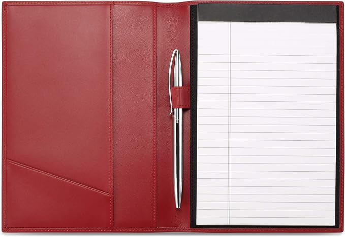 HISCOW Slim Leather Junior Padfolio, 5x8 Notepad Cover, Bordeaux | Italian full-grain cowhide, top-loading legal pad holder, rigid pen loop, quick-access card slot, zipperless boardroom design