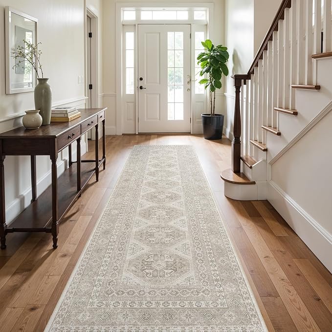 3x12 Runner Rug Kitchen Washable:Oriental Indoor Hallway Runners with Non Slip Backing Floor Mat for Entryway Door Low Pile Thin Carpet for Bedroom Bathroom Living Room Bedside (Beige, 3x12)