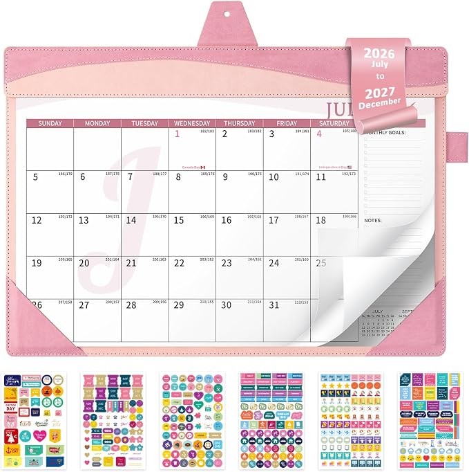Ospelelf Desk Calendar 2026-2027 Large 12"x17" Leather Monthly Planner Pad with Protective Cover 18 Months Use July 2026 to December 2027 Pink