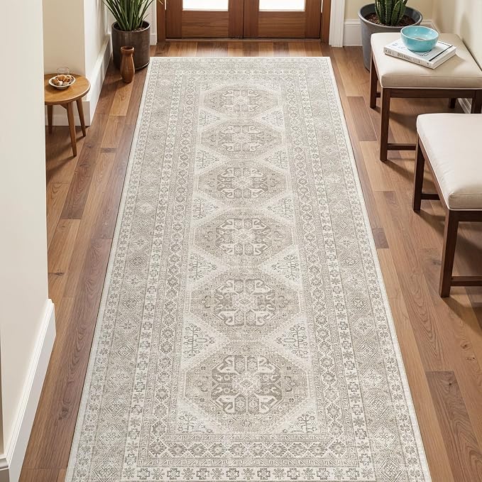 3x8 Runner Rug Kitchen Washable:Oriental Indoor Hallway Runners with Non Slip Backing Floor Mat for Entryway Door Low Pile Thin Carpet for Bedroom Bathroom Living Room Bedside (Beige, 3x8)