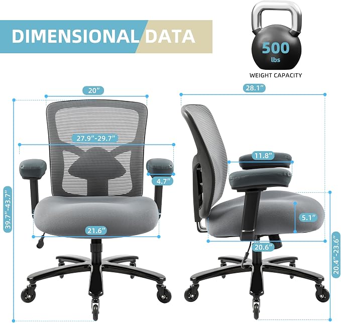 500LBS Big and Tall Office Chair with 4D Armrests & Adjustable Backrest, Heavy Duty Office Chair for Heavy People, Memory Foam Seat Filling Springs, Grey