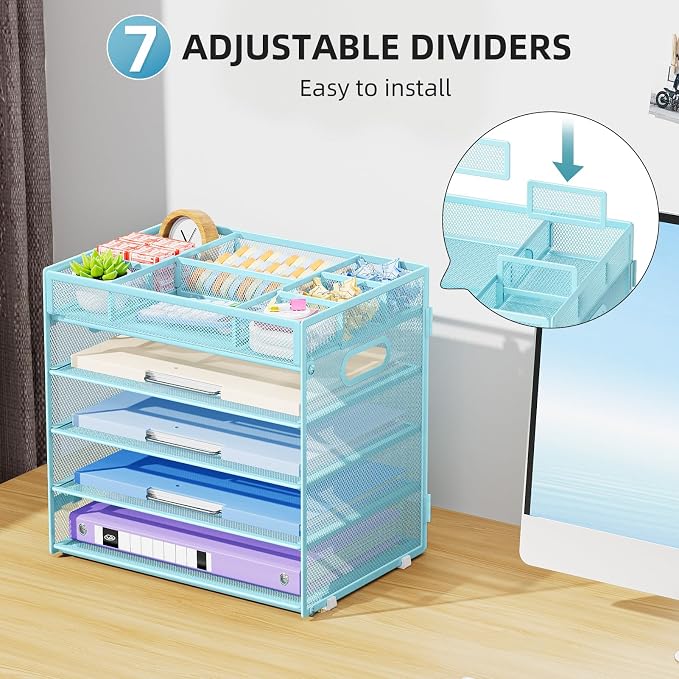 Marbrasse 5 Tier Paper Organizer, Mesh Desk Letter Tray with Handle,Blue | Paper Sorter Desk Organizer for Letter/A4 Office File Folder Holder Home Office Supplies