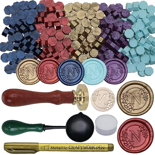 Initial Alphabet Wax Seal Stamp Set, Retro Letter N Sealing Stamp with 150Pcs Sealing Wax Beads in 5 Color, Melt Non Stick Spoon Pen Kit for Wedding and Christmas (N)