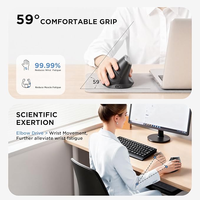 Uineer Vertical Ergonomic Mouse, Wireless Bluetooth Mouse, 3-Device,Quiet | Switch among 3 devices; side scroll wheel supports horizontal navigation for documents and spreadsheets.