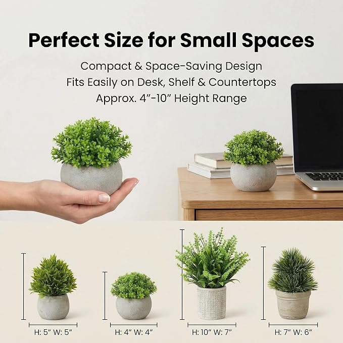 AUUGUU Small Artificial Potted Plants for Desk Decor, Mini Fake Plants for Bathroom, Office Desk Decor, Shelf Home Decor, Realistic Faux Greenery Indoor