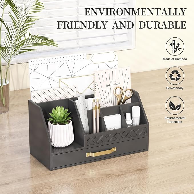 Wisuce Bamboo Mail Organizer Countertop with Drawers, Wooden Desk Organizer File Bill Sorter Storage Box for Desktop Letter Envelope Countertop Holder for Office Home School Organization