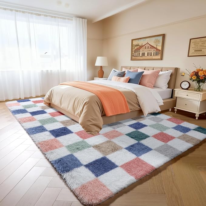 KICMOR 6x9 Area Rugs for Living Room, Large Fluffy Soft Colorful Checkered Fuzzy Shag Shaggy Bedroom Carpet, Cute Indoor Plush Rainbow Rug for Teen Kids Boys Girls Dorm Nursery Home Decor Aesthetic