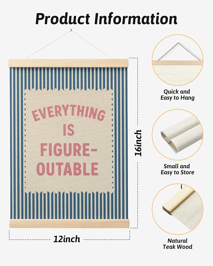 FGFK Everything Is Figureoutable Inspirational Wall Art Poster Hanger Frame, Retro Pink and Blue Positive Affirmations Canvas Prints Framed Wall Decor for Home Classroom Office, 12x16 Inch