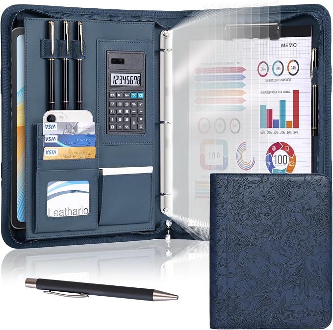 Leathario Portfolio Binder, Includes 5 Sheet Protectors and a Pen, 13 Inch Tablets Organizer, Vegan Leather A4 Padfolio, Multi-Pocket Notepad Business Planner Professional Document