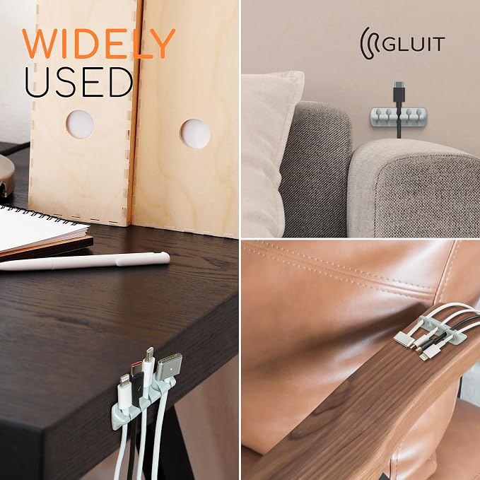 GLUIT Cord Organizer for Desk, Cable Holder for Nightstand, Charger Organizer, Adhesive Desktop Wire Clips, Multislot Cable Management, Table Organizer Accessories - 5 Pack, 15 Slots, Grey