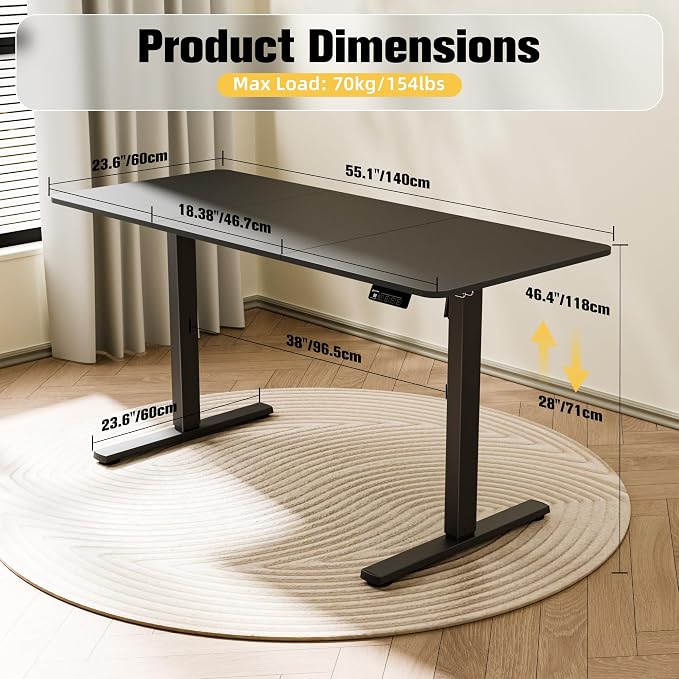55"x24" Standing Desk, Height Adjustable Sit-Stand Home Office, Black | Electric Adjustable Standing Desk, Sit to Stand Computer Office Desk with Splice Board, Memory Preset, Lifts 28.7''-46.5"