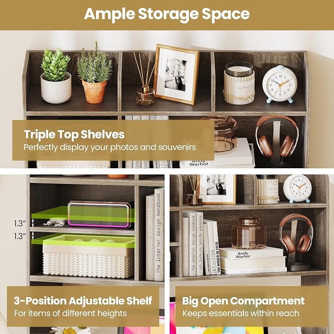 Tangkula Desktop Bookshelf for Computer Up to 32”, 37” Countertop Storage Hutch with 6 Storage Shelves, 3-Tier Desktop Organizer Display Rack, Wooden Desk Hutch for Dorm Home Office (Grey,6 Shelves)
