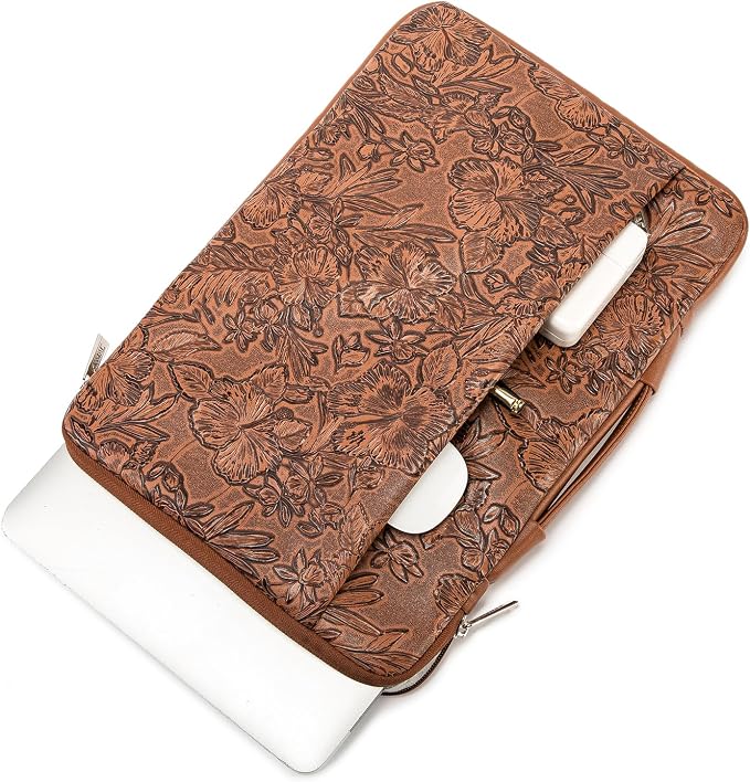 Kinmac Embossed PU Leather 360° Heavy Duty Protective Laptop Sleeve with Poacket (Coffee Flower, 12.5 inch-13.6 inch)
