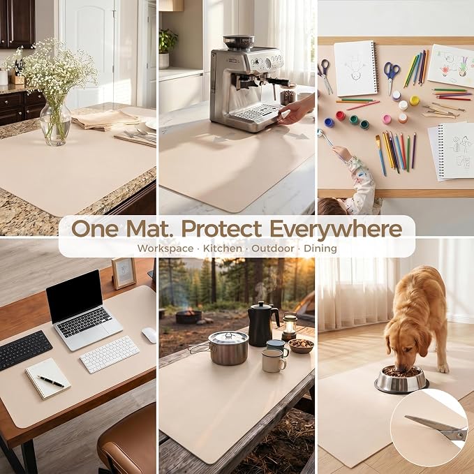 1.6mm Thick Leather 10x34 Inch Non-Slip Mat, Waterproof Countertop Protector, Slim Shelf/Small Coffee Station Topper, Warm Beige
