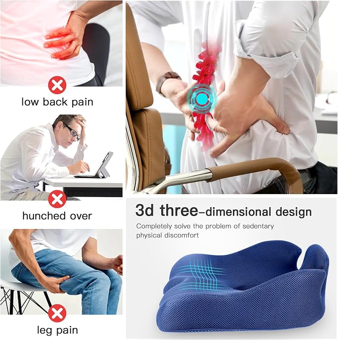 Benazcap X Large Memory Seat Cushion, Sciatica Pain Relief, Blue | Ergonomic design, Office Chair, Memory Foam Firm for Car, Wheelchair, Gaming Chair and Desk Chair