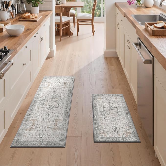 GENIMO Kitchen Rugs Non Slip Washable, 2PCS Kitchen Mats for Floor, Cushioned Standing Mat, Kitchen Runner Rug Floor Mat for Kitchen Decor, Laundry, Sink, Home, 20"x32"+20"x48", Light Taupe Brown