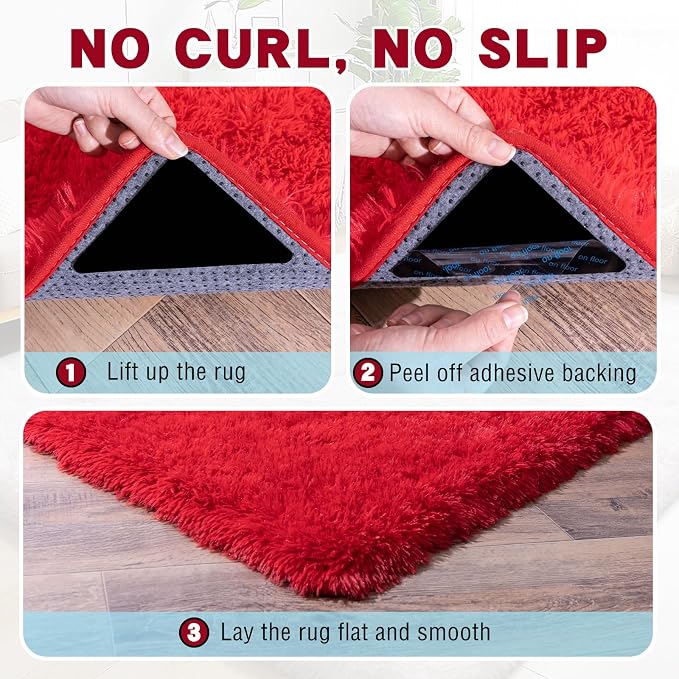 Red Area Rug for Bedroom, 2x3 Small Rugs for Living Room Nursery Kids Room Dorm Home Decor Aesthetic, Fluffy Shaggy Rug with 4 Anti-Slip Carpet Tapes