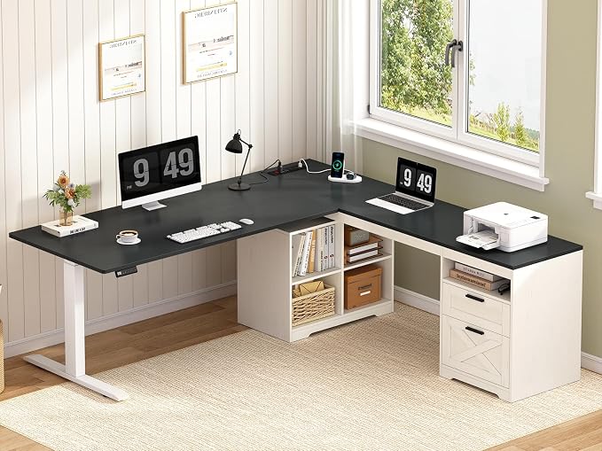 66 inch Farmhouse L Shaped Standing Desk with Storage for Home Office | Corner Electric Standing Desk with Drawers ＆ Storage Shelves, Height Adjustable Desk with Power Outlets, Black & White