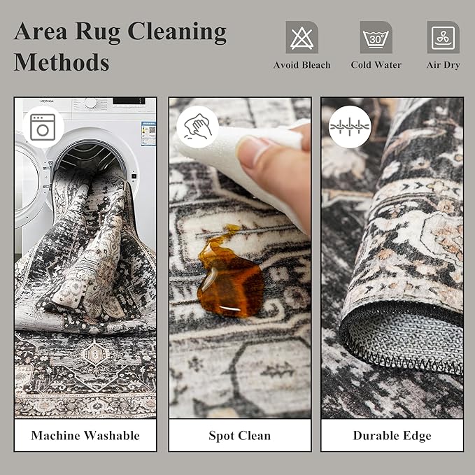 Washable 4x7 Area Rug for Entryway: Vintage Distressed Rugs with Non Slip Backing Low Pile Soft Indoor Carpet for Living Room/Kitchen/Bedroom Stain Resistant Decor Mat for High-Traffic Areas 4x7 Black