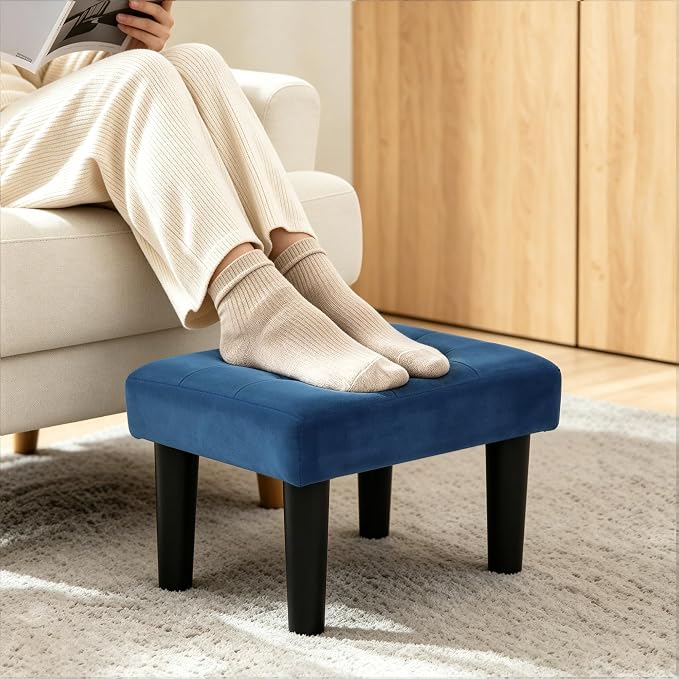 CAROLMADE Footstool Ottoman with Legs, Velvet Small Foot Rest Under Desk, Ottoman with Storage for Living Room, Bedroom, Entryway Blue