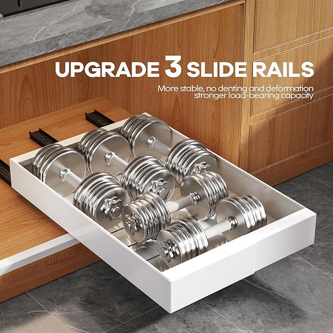 Seinloes 2 Pack Expandable Pull Out Cabinet Organizer 21" Deep with Raising Pad for Framed Cabinets,Upgrade 3 Slide Rails Slide Out Drawers,Roll Out Shelves Adhesive,Adjustable Width 9"-14.1" White
