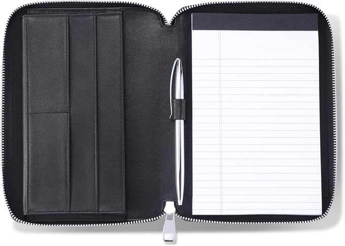 HISCOW Zip-Around Leather Junior Padfolio, 5x8 Notepad Cover, Black | Italian full-grain cowhide, top-loading legal pad holder, tablet and document sleeve, 2 card slots, rigid pen loop