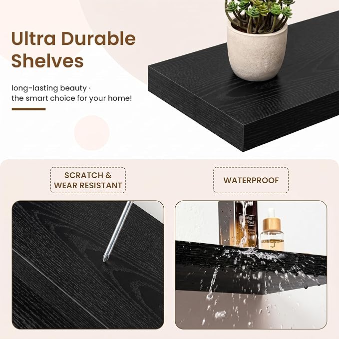 Marsmiles 55in Floating Shelves for Wall, 72" W x 9.25" D x 1.5" H, Long Wall Mounted Engineered Wood Shelves with Invisible Brackets for Living Room, Bedroom, Bathroom, Kitchen, Black, 2Pcs