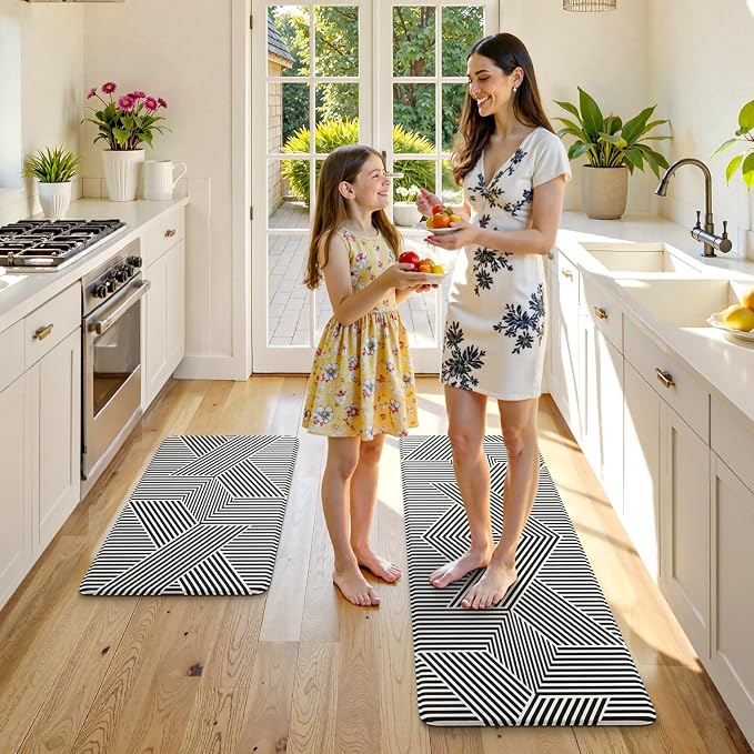KIMODE Anti Fatigue Kitchen Mats, Padded Kitchen Floor Mats 17"x47"+17"x29" | Geometric Kitchen Rugs Sets of 2, Black White Rugs for Kitchen Floor, Cushioned Standing Mat for Laundry Office Sink Desk