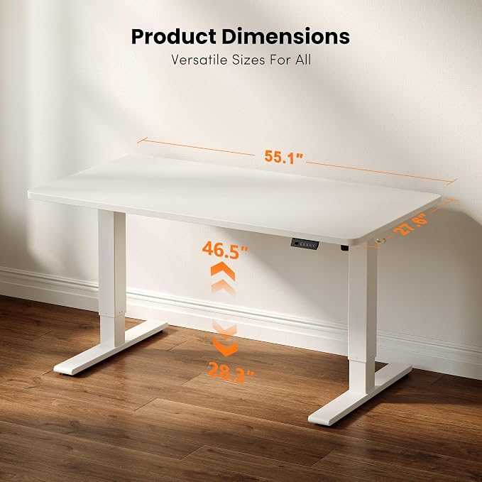 CubiCubi One-Piece Standing Desk, 55 x 28 Electric Height Adjustable Computer Desk, Sit Stand up Home Office Workstations with Whole-Piece Desktop, White