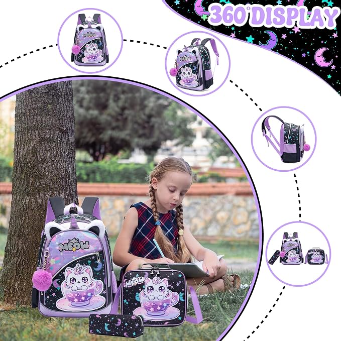 Meetbelify Backpack for Girls School Backpack with Lunch Box for Elementary Student Teen Girls Cute Cat School Bag Kids Bookbag for Girls 8-10 Purple