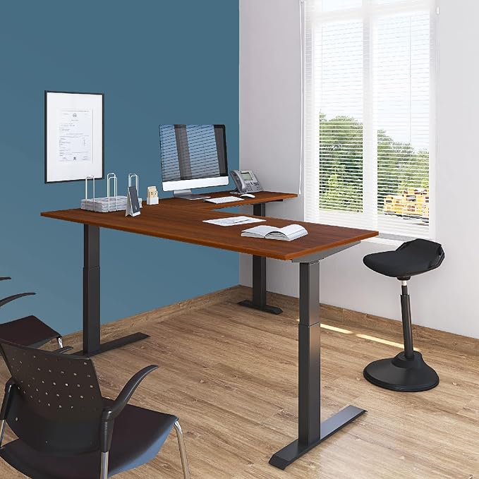 S STAND UP DESK STORE Triple Motor Electric L-Shaped Corner Standing Desk with EZ Assemble Frame (Black Frame/Teak Top, 71in W x 71 inch D