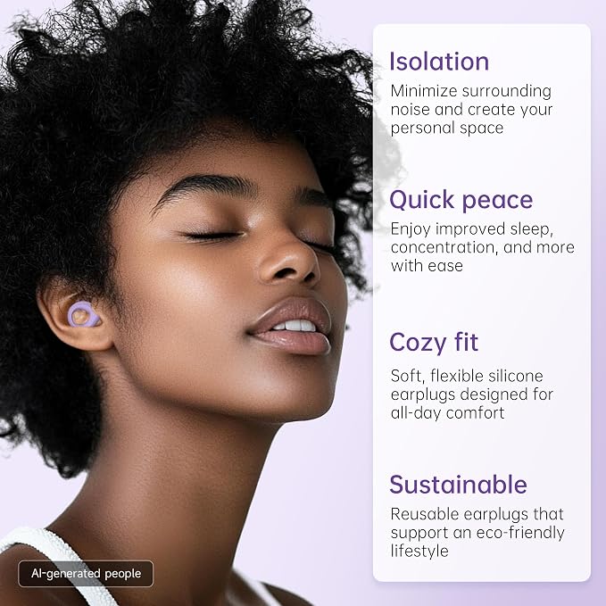 Ear Plugs for Sleeping Deep Focus, Travel, Snoring, 30dB Noise Reduction | Reusable Silicone Earplugs, Noise Cancelling, High Fidelity Hearing Protection, Violet