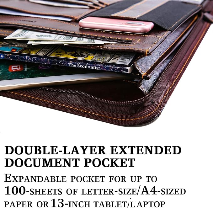 Zippered Padfolio for Women & Men Resume Portfolio Folder Vegan Leather Business Organizer Planner,with Writing Pad Interior 10.1 Inch Tablet Sleeve Dark Brown