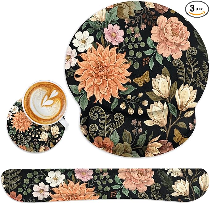 Britimes Spring Flower Leaves Floral Colorful Ergonomic Mouse Pad Set with Wrist Rest Non-Slip Rubber Base Wrist Cushion Support and Coasters Mousepad with Wrist Support for Computer Keyboard and Desk