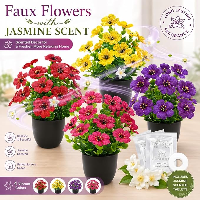 Der Rose 4 Pack Small Fake Plants with Fragrance Discs Spring Faux Flowers in Black Pots Artificial Plants Indoor for Bathroom Room Office Desk Decor