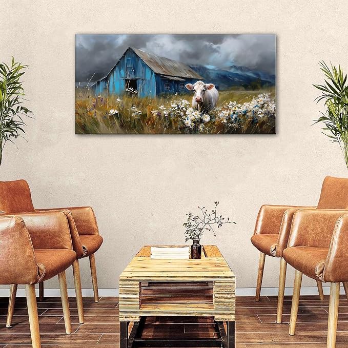 AIYISU Farmhouse Cow Wall Art Rustic Barn Landscape Pictures Wall Decor Blue Barn Wildflower Field Canvas Prints Country Farm Animal Artwork for Living Room Dining Room Bedroom Home Decoration 24x48