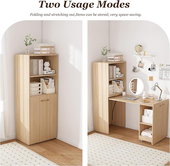 Folding Out Desk with Storage Shelves, Expandable Hidden Computer Desk, Foldable Space-Saving Pull Out Murphy Table, Writing Table with Wheels for Home Office Bedroom Small Spaces (Natural Wood.)